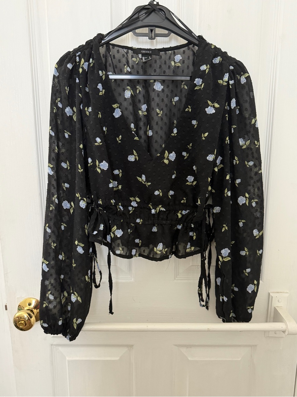 Forever 21 Black Sheer Floral Wrap Blouse with Light Blue Roses